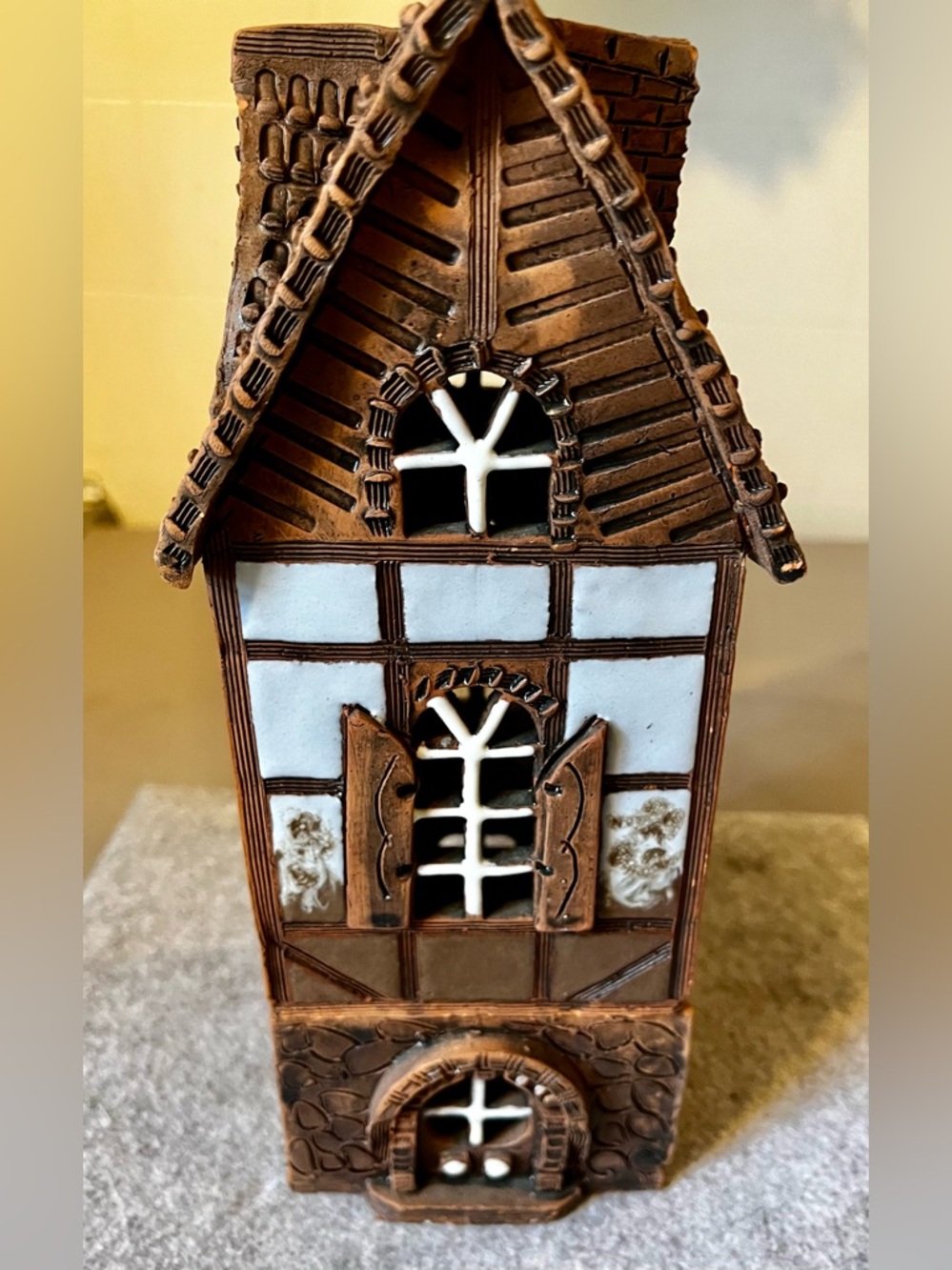 Vintage Lithuanian Clay Pottery House Tea Light Village Cottage 9” Hand Crafted